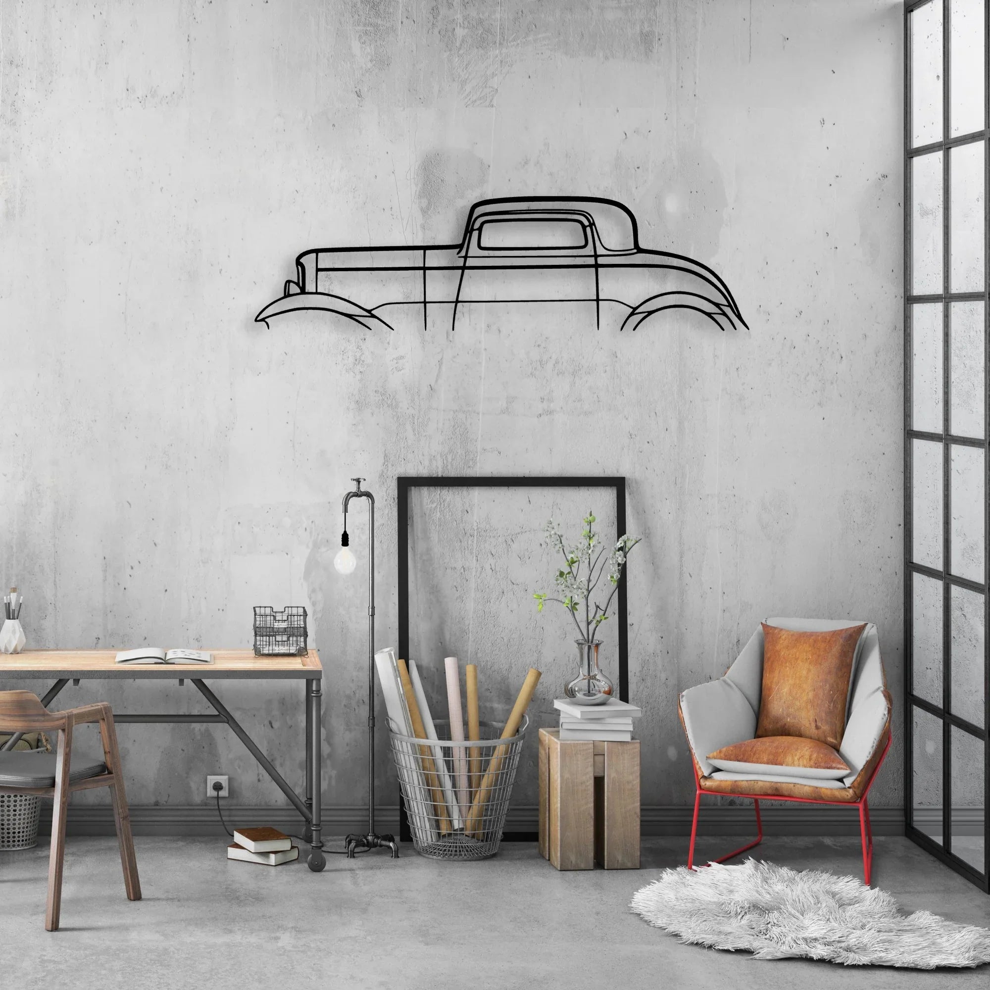 3 Window 1932 Classic Silhouette Metal Wall Art - Automotive Garage Decor