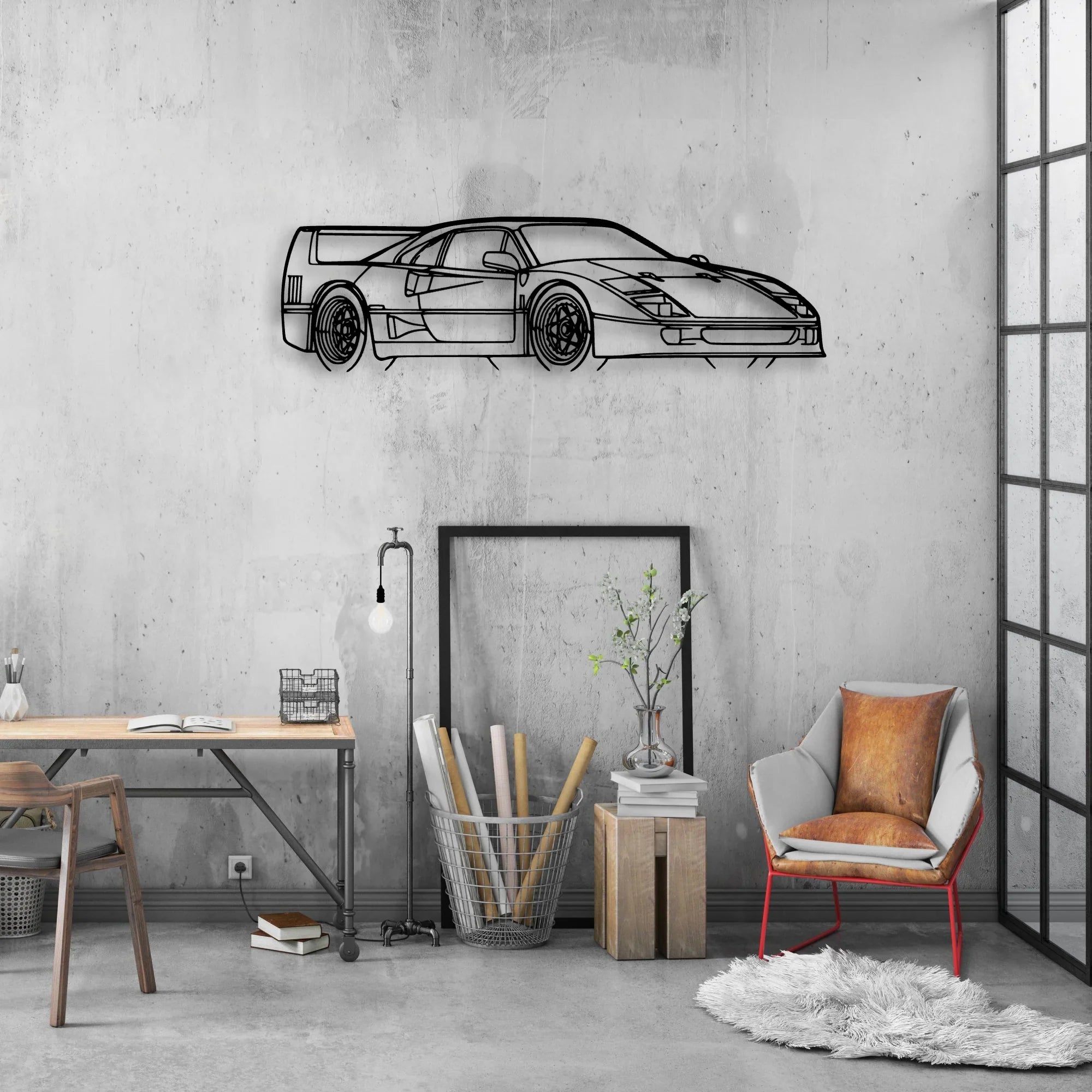 F40 Angle Classic Silhouette Metal Wall Art - Automotive Garage Decor