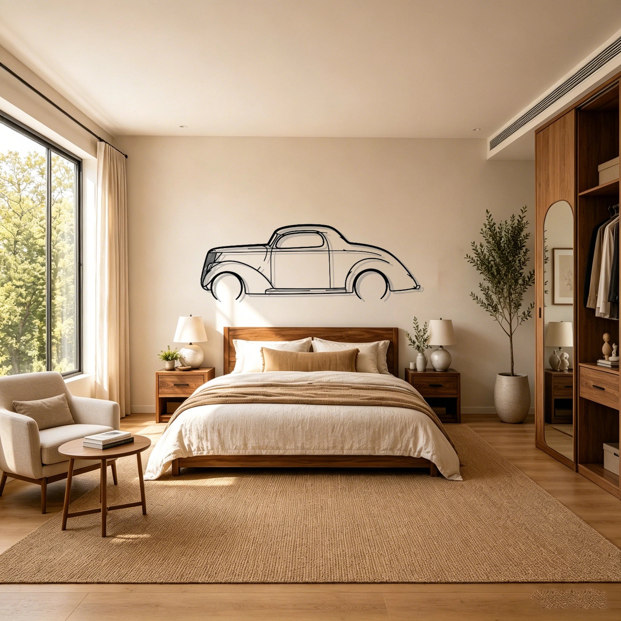 1937 3 Window Coupe Detailed Silhouette Metal Wall Art - Classic Car Garage Decor