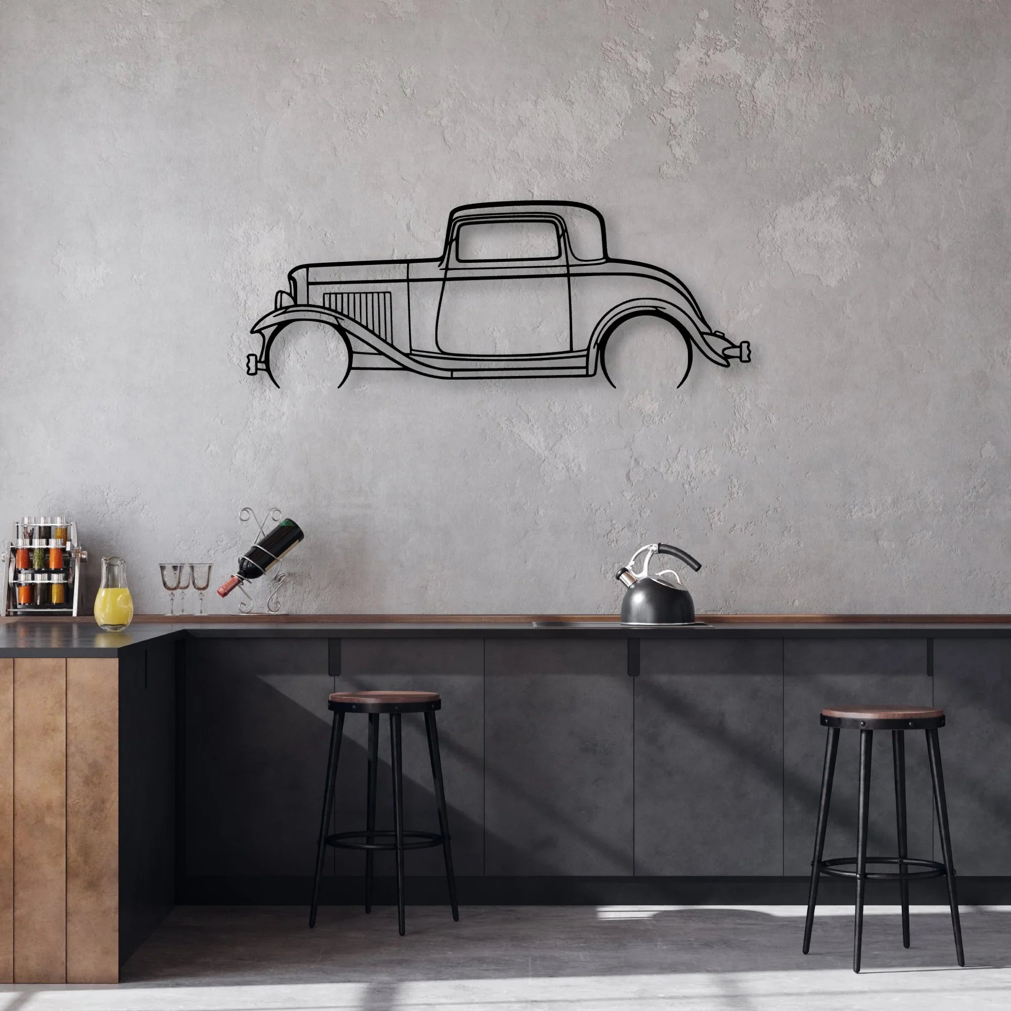 3 Window Coupe 1932 Classic Silhouette Metal Wall Art - Automotive Garage Decor