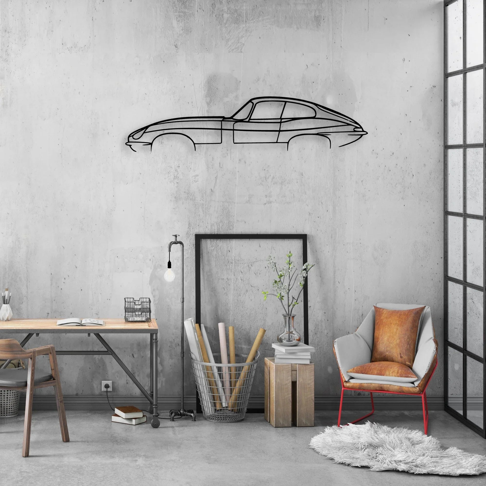 E-Type Classic Silhouette Metal Wall Art - Automotive Garage Decor