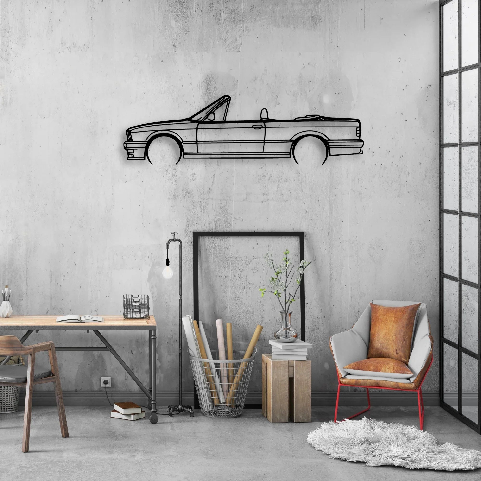 E30 Convertible Classic Silhouette Metal Wall Art - Automotive Garage Decor