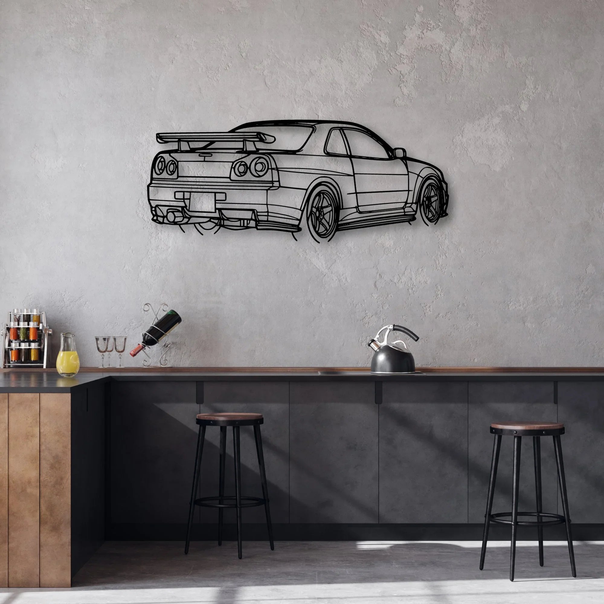 R34 GTR Nismo Angle Classic Silhouette Metal Wall Art - Automotive Garage Decor