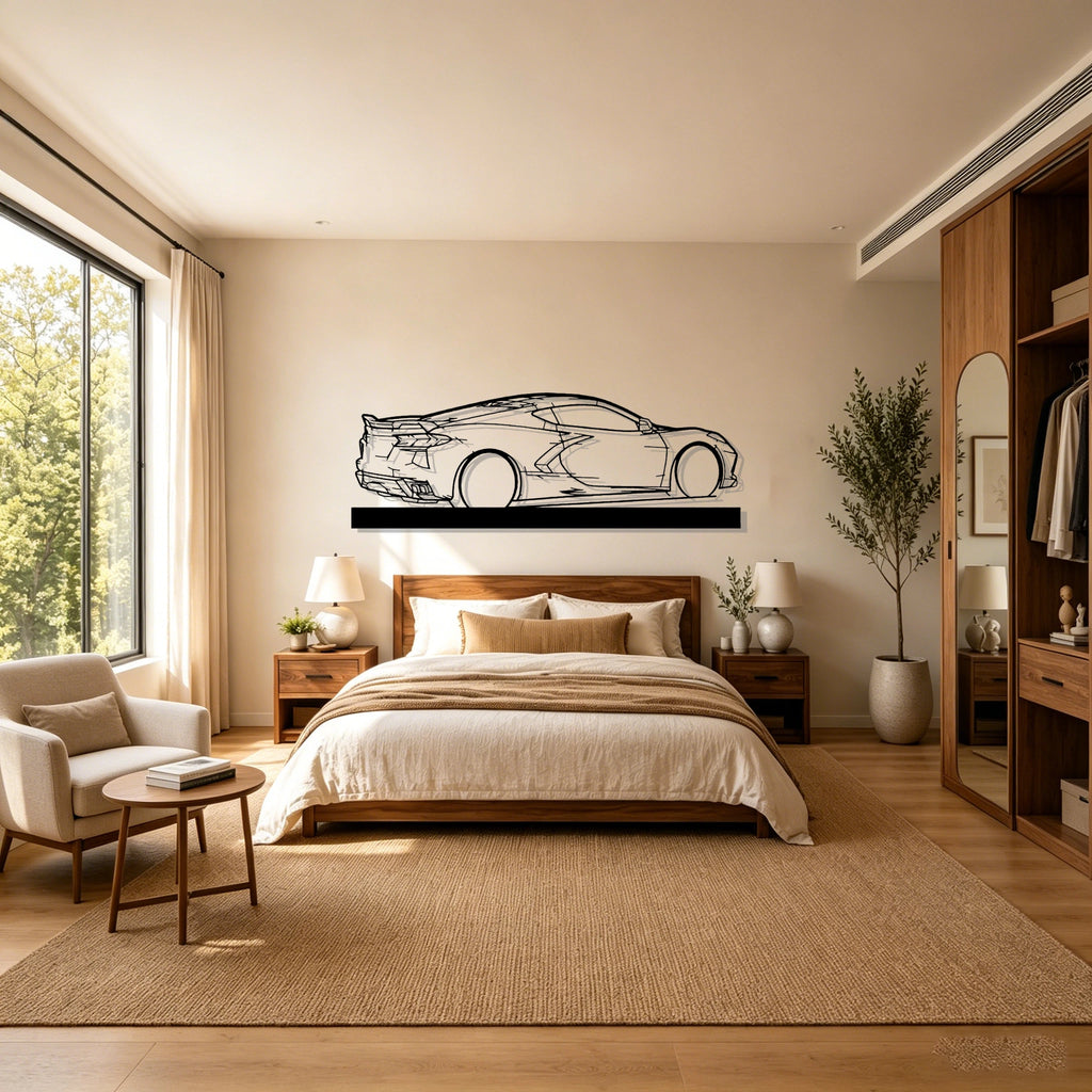 C8 Back Angle Silhouette Metal Art Stand - Classic Car Garage Decor
