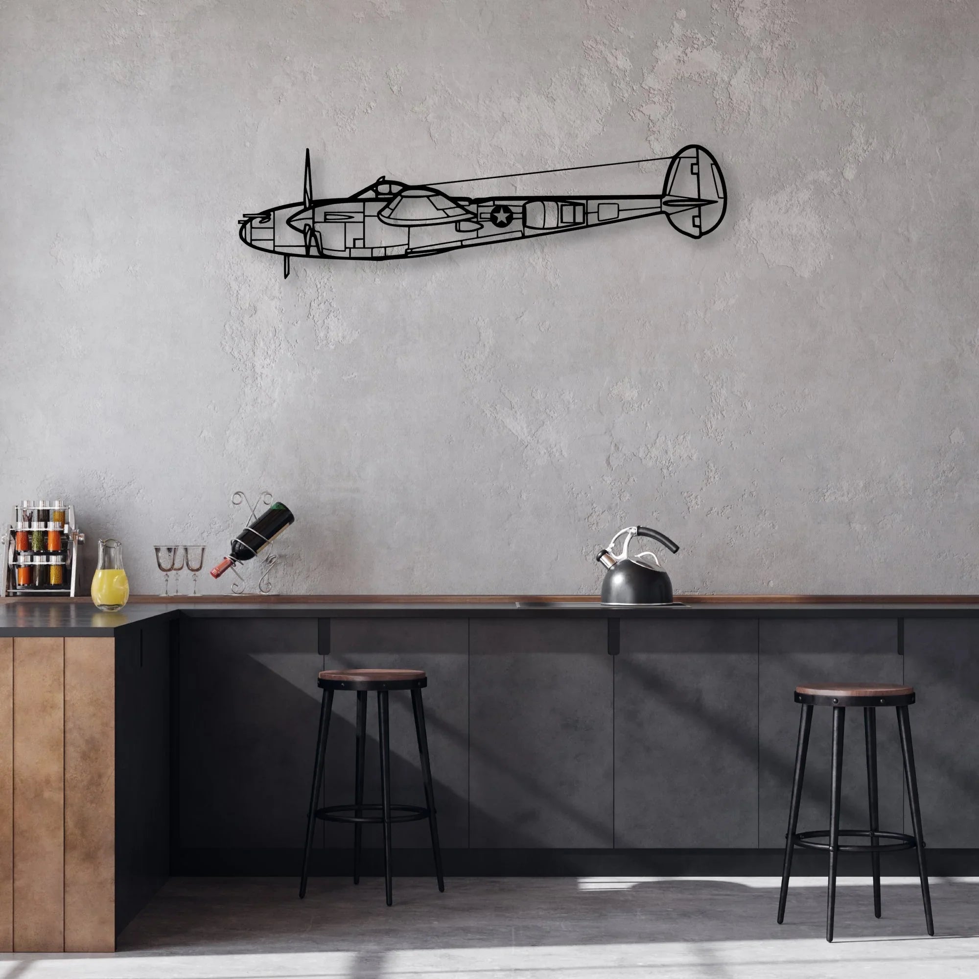 P-38L Lightning 1945 Classic Aircraft Silhouette Metal Wall Art - Aviation Hangar Decor